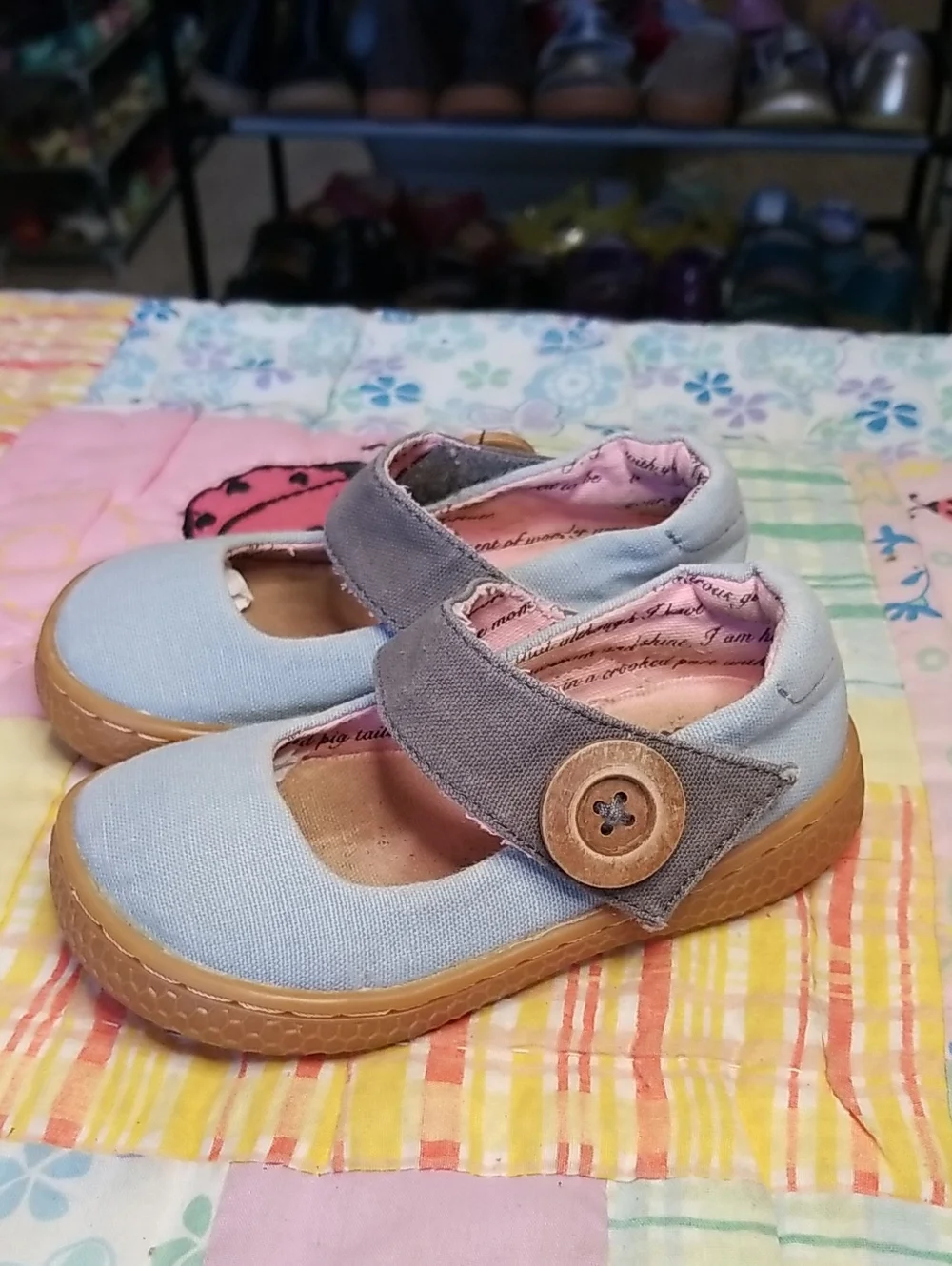 Livie & Luca Light Blue Canvas Mary Janes w/Gray Strap & Wood Buttons 5 Carta